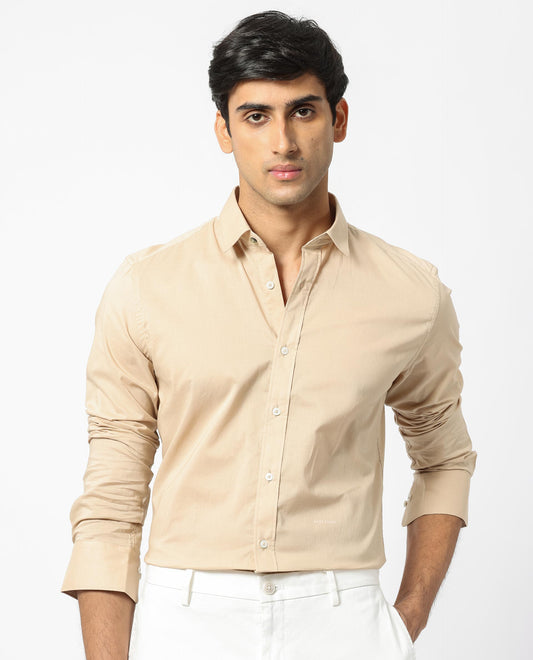 Rare Rabbit Men's Flees Beige Cotton Plain Regular Fit Full Sleeve Collared Shirt