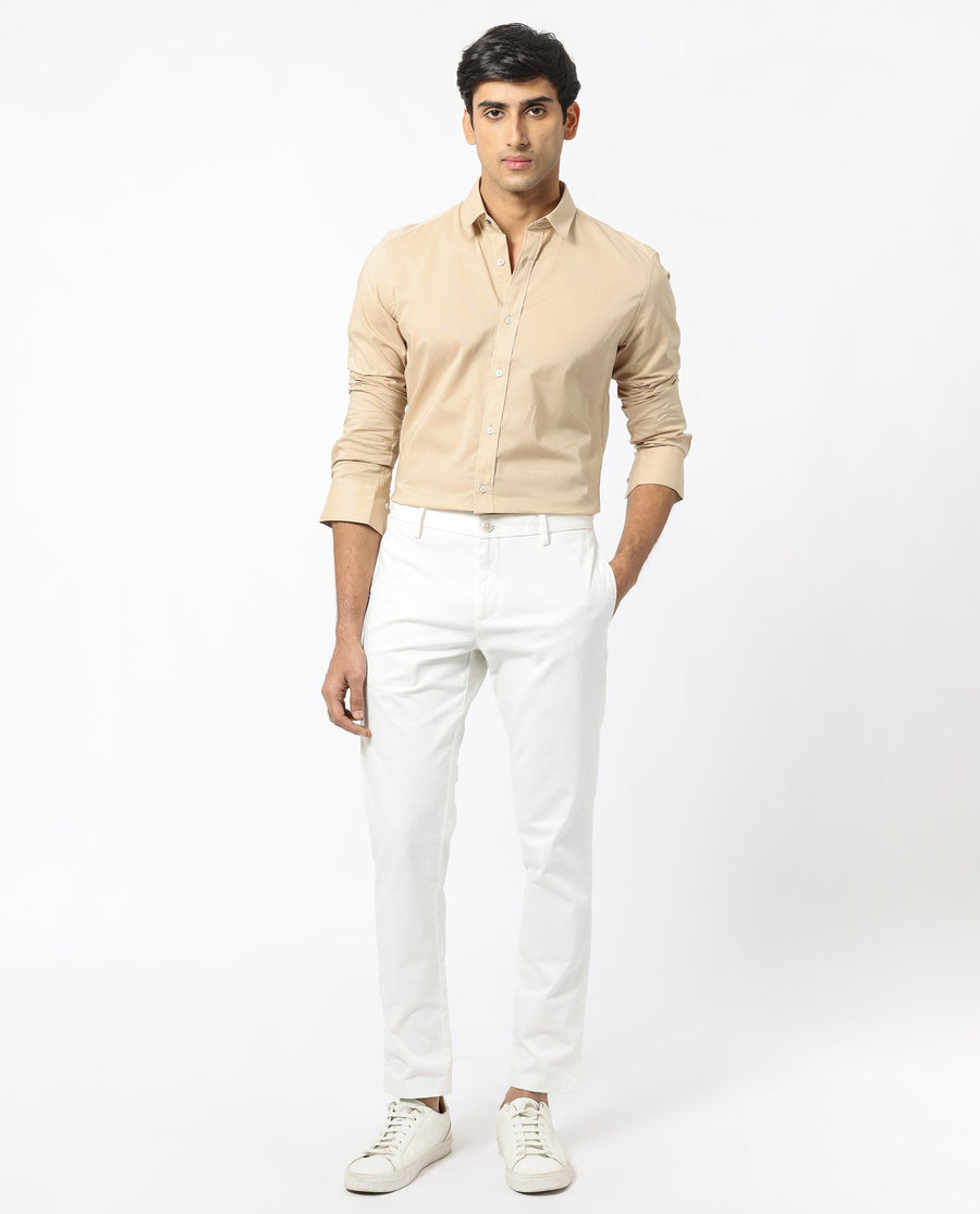 Rare Rabbit Men's Flees Beige Cotton Plain Regular Fit Full Sleeve Collared Shirt