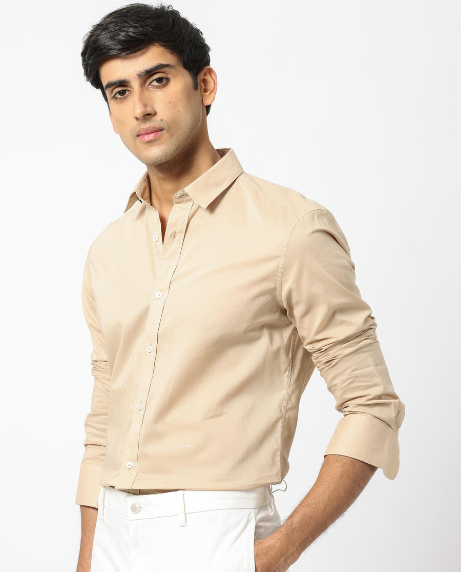 Rare Rabbit Men's Flees Beige Cotton Plain Regular Fit Full Sleeve Collared Shirt