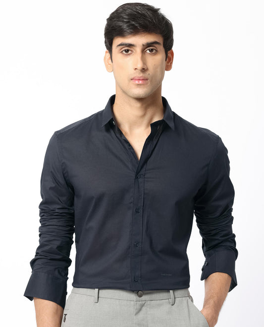 Rare Rabbit Men's Flees Dark Navy Cotton Plain Regular Fit Full Sleeve Collared Shirt