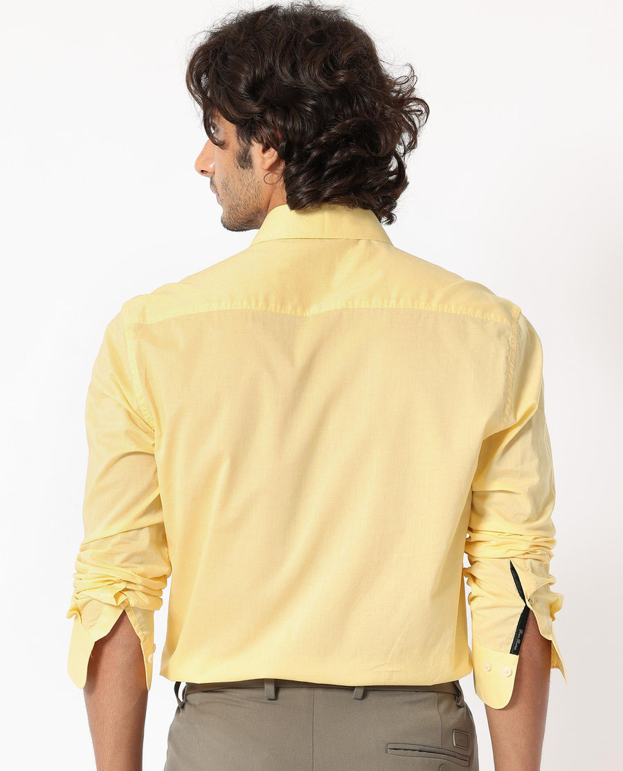Rare Rabbit Men's Flees Yellow Cotton Plain Regular Fit Full Sleeve Collared Shirt