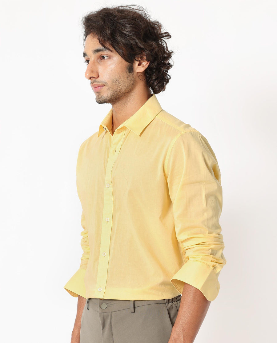Rare Rabbit Men's Flees Yellow Cotton Plain Regular Fit Full Sleeve Collared Shirt