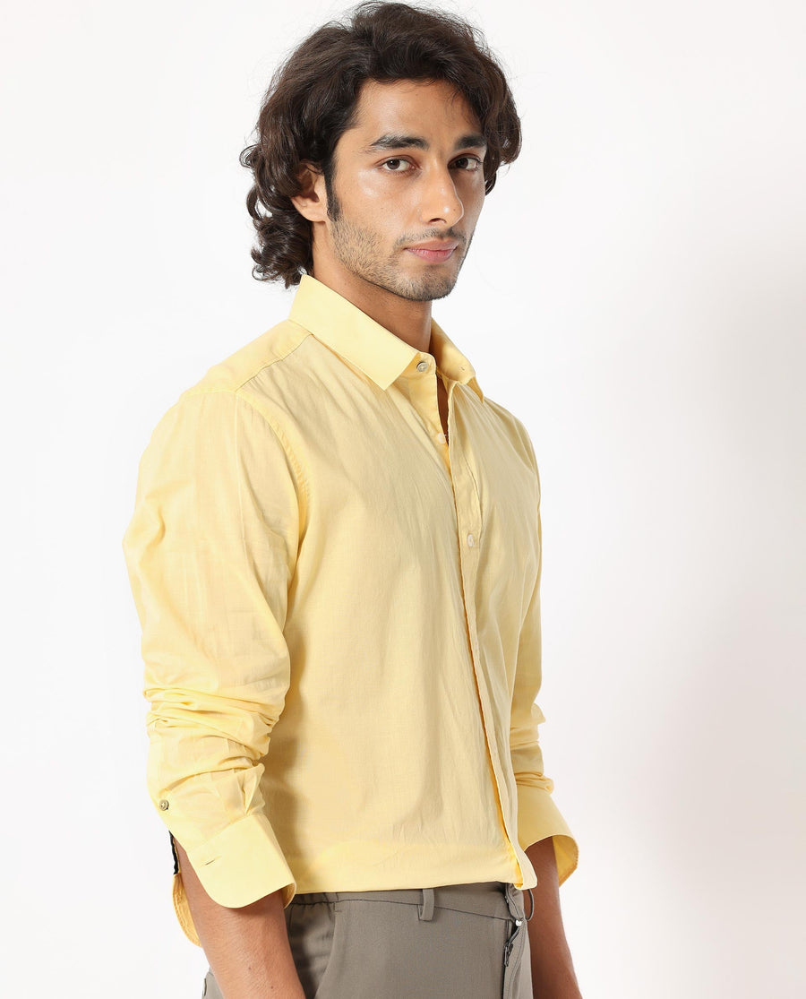 Rare Rabbit Men's Flees Yellow Cotton Plain Regular Fit Full Sleeve Collared Shirt