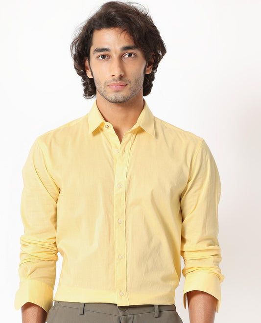 Rare Rabbit Men's Flees Yellow Cotton Plain Regular Fit Full Sleeve Collared Shirt