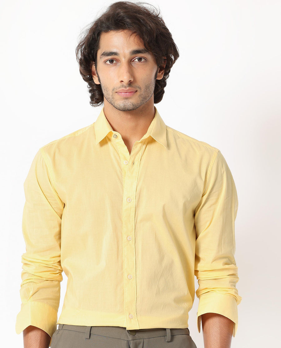 Rare Rabbit Men's Flees Yellow Cotton Plain Regular Fit Full Sleeve Collared Shirt