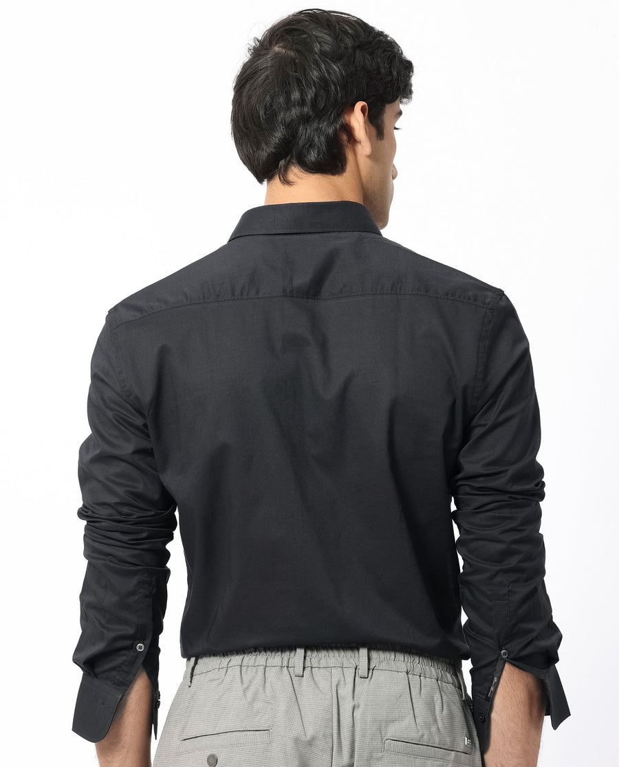 Rare Rabbit Men's Flees Black Cotton Plain Regular Fit Full Sleeve Collared Shirt