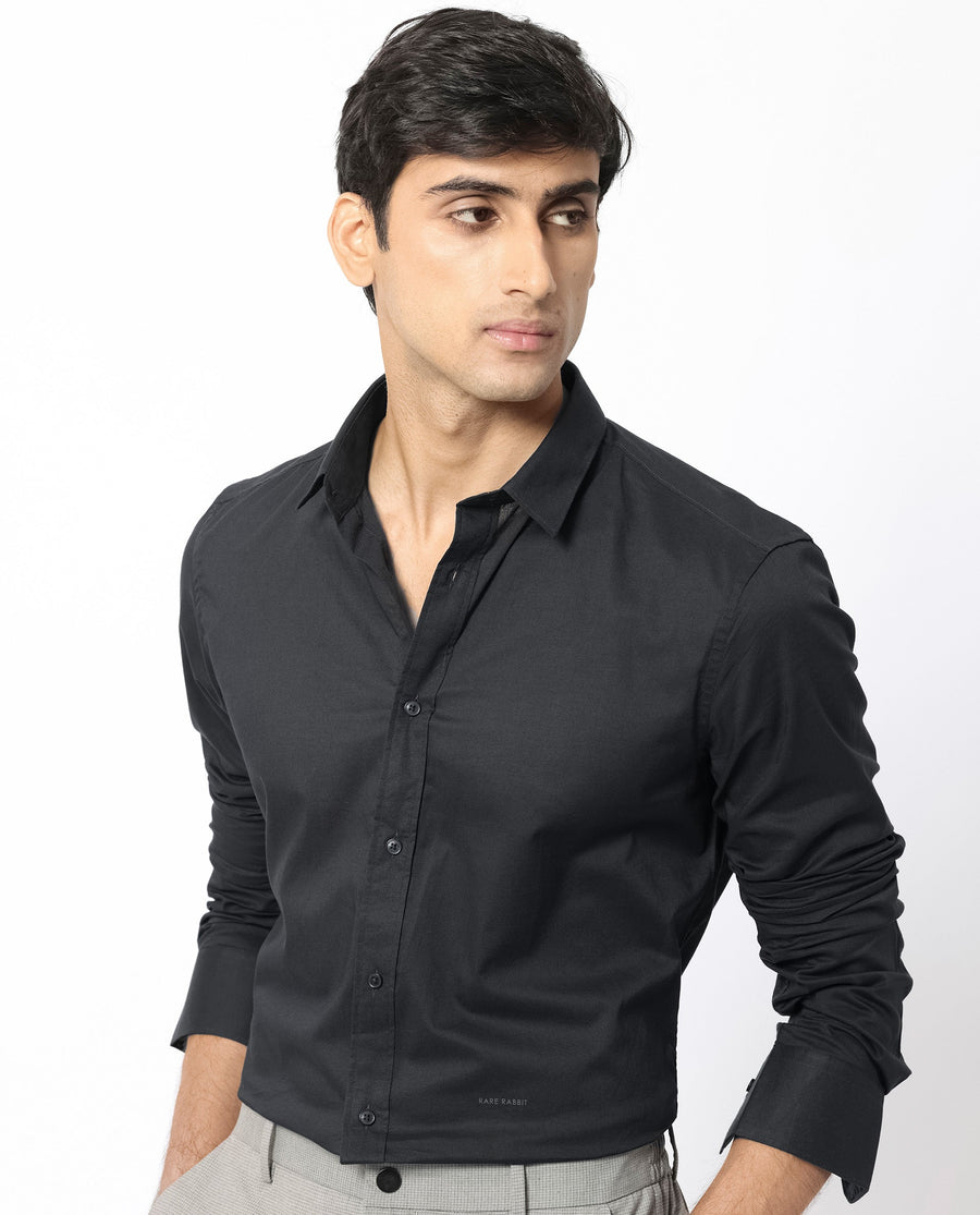 Rare Rabbit Men's Flees Black Cotton Plain Regular Fit Full Sleeve Collared Shirt