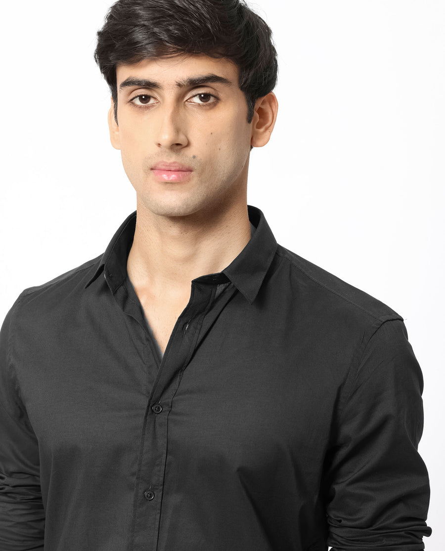 Rare Rabbit Men's Flees Black Cotton Plain Regular Fit Full Sleeve Collared Shirt