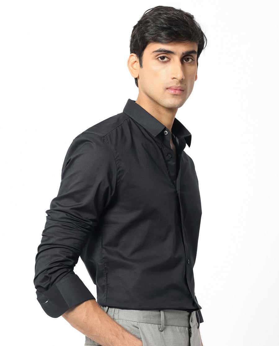 Rare Rabbit Men's Flees Black Cotton Plain Regular Fit Full Sleeve Collared Shirt