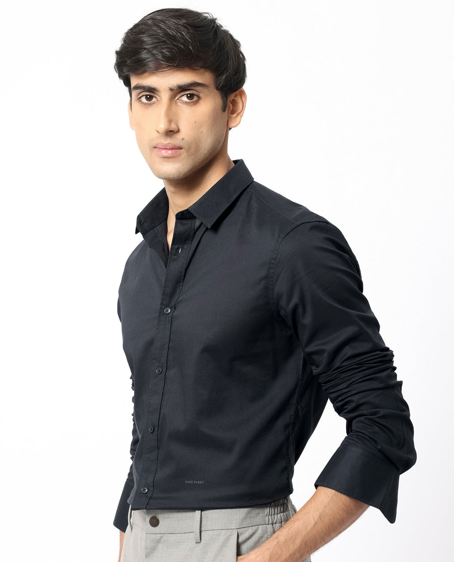 Rare Rabbit Men's Flees Black Cotton Plain Regular Fit Full Sleeve Collared Shirt