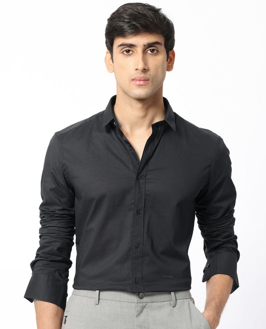 Rare Rabbit Men's Flees Black Cotton Plain Regular Fit Full Sleeve Collared Shirt