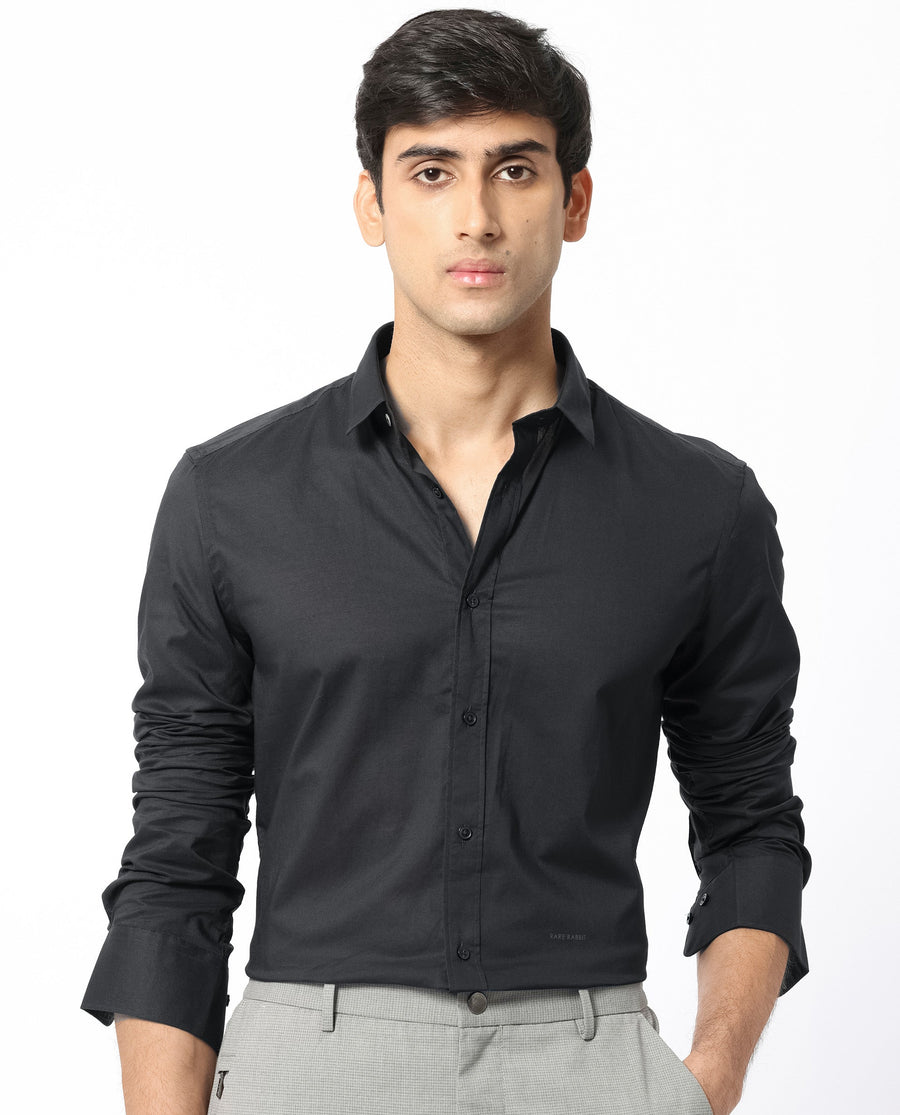 Rare Rabbit Men's Flees Black Cotton Plain Regular Fit Full Sleeve Collared Shirt