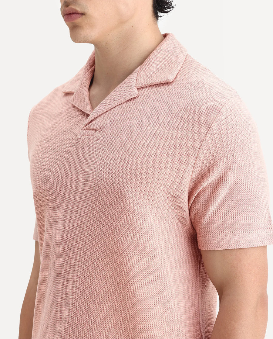 Rare Rabbit Men's Flen Pastel Peach Cotton Plain Regular Fit Half Sleeve Polo