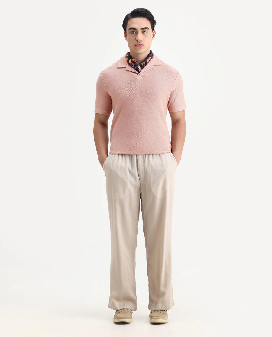 Rare Rabbit Men's Flen Pastel Peach Cotton Plain Regular Fit Half Sleeve Polo