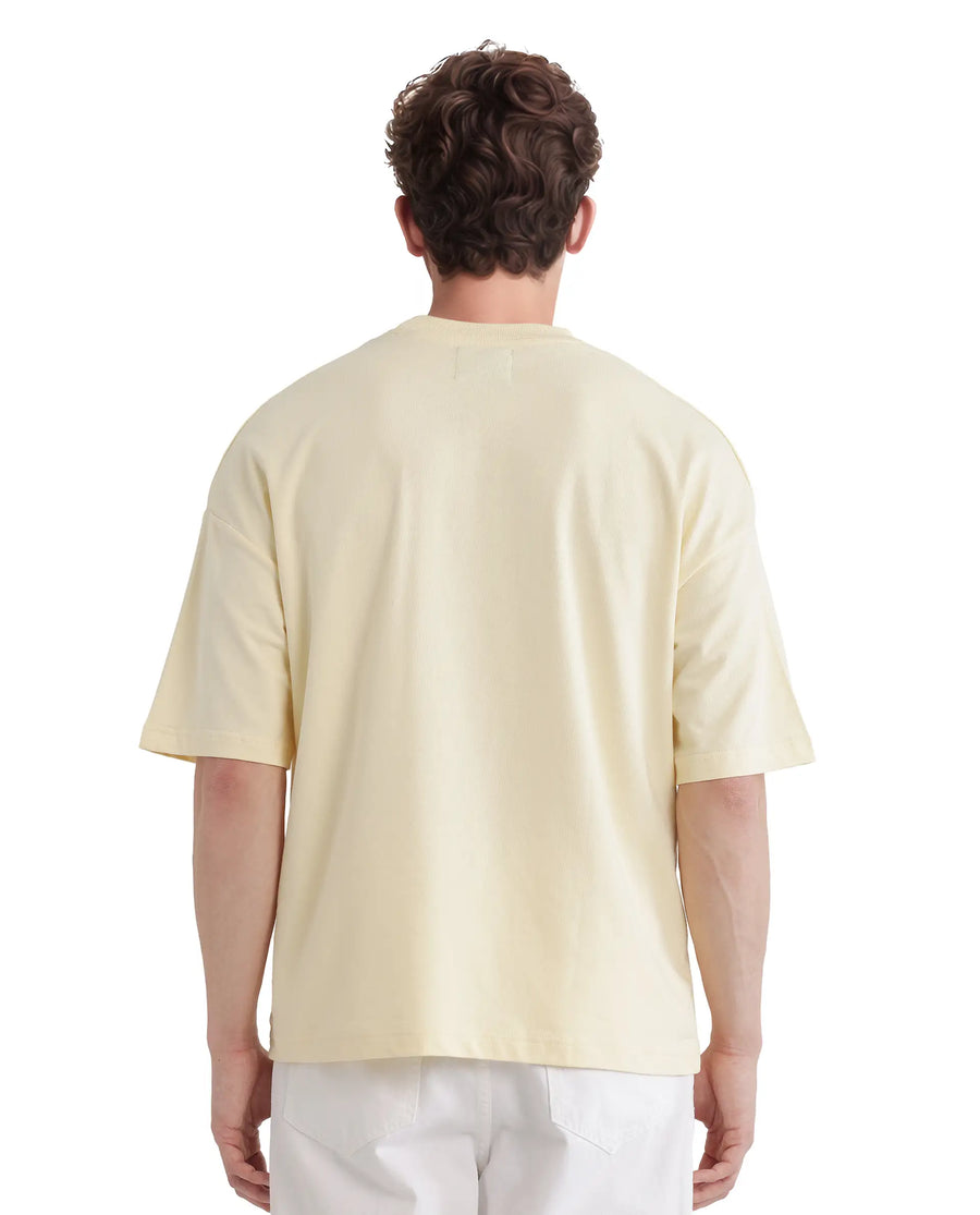 Rare Rabbit Men's Fler Pastel Yellow Cotton Hd Print Oversized Fit Half Sleeve Crew Neck T-Shirt