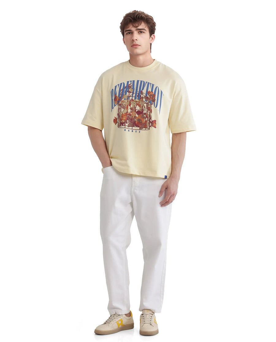 Rare Rabbit Men's Fler Pastel Yellow Cotton Hd Print Oversized Fit Half Sleeve Crew Neck T-Shirt
