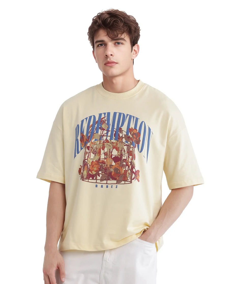 Rare Rabbit Men's Fler Pastel Yellow Cotton Hd Print Oversized Fit Half Sleeve Crew Neck T-Shirt