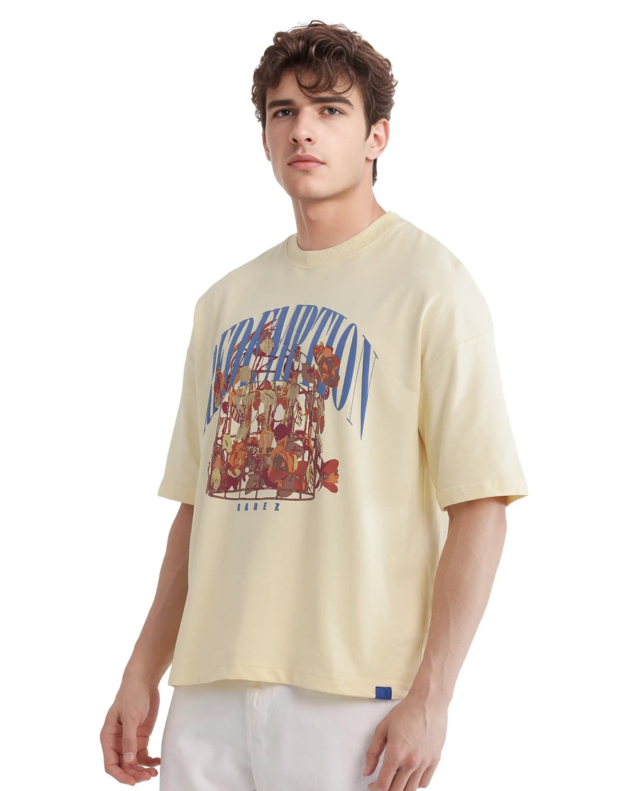 Rare Rabbit Men's Fler Pastel Yellow Cotton Hd Print Oversized Fit Half Sleeve Crew Neck T-Shirt