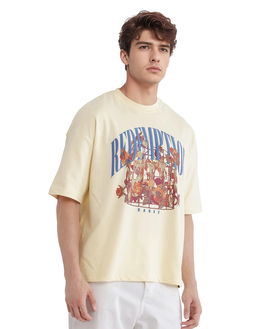 Rare Rabbit Men's Fler Pastel Yellow Cotton Hd Print Oversized Fit Half Sleeve Crew Neck T-Shirt
