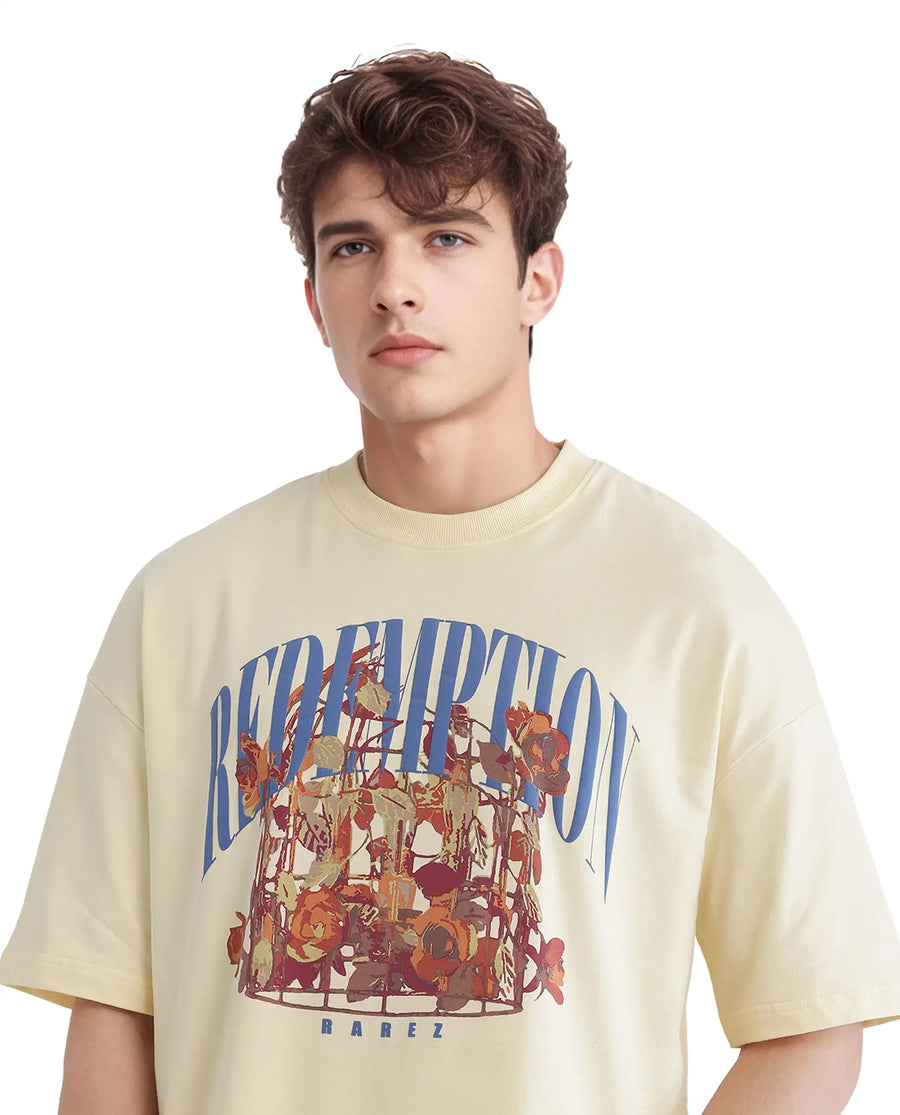 Rare Rabbit Men's Fler Pastel Yellow Cotton Hd Print Oversized Fit Half Sleeve Crew Neck T-Shirt