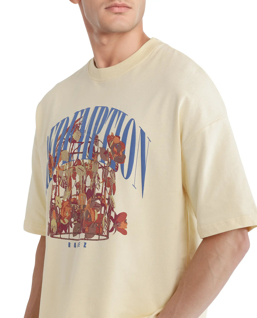 Rare Rabbit Men's Fler Pastel Yellow Cotton Hd Print Oversized Fit Half Sleeve Crew Neck T-Shirt