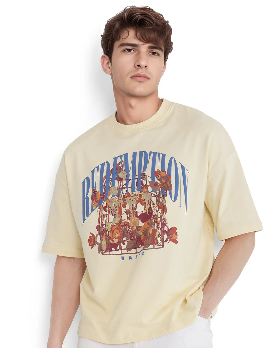 Rare Rabbit Men's Fler Pastel Yellow Cotton Hd Print Oversized Fit Half Sleeve Crew Neck T-Shirt