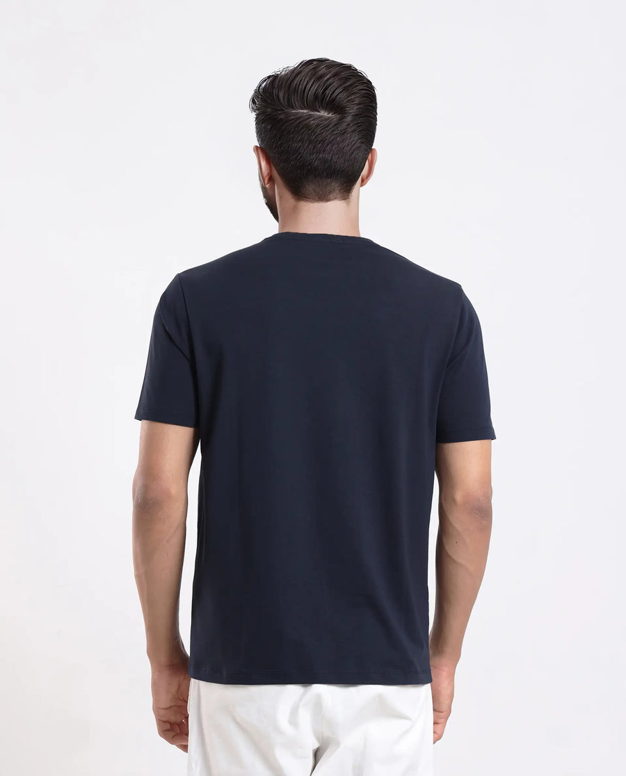 Rare Rabbit Men's Fliter Dark Blue Cotton Blend Fabric Short Sleeve Crew Neck Graphic Print T-Shirt