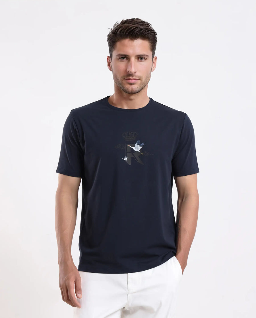 Rare Rabbit Men's Fliter Dark Blue Cotton Blend Fabric Short Sleeve Crew Neck Graphic Print T-Shirt