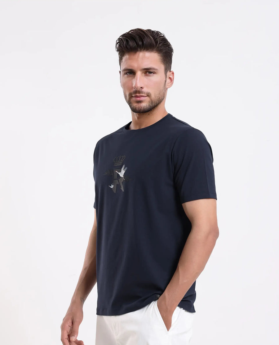 Rare Rabbit Men's Fliter Dark Blue Cotton Blend Fabric Short Sleeve Crew Neck Graphic Print T-Shirt