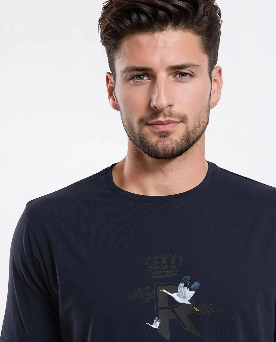 Rare Rabbit Men's Fliter Dark Blue Cotton Blend Fabric Short Sleeve Crew Neck Graphic Print T-Shirt