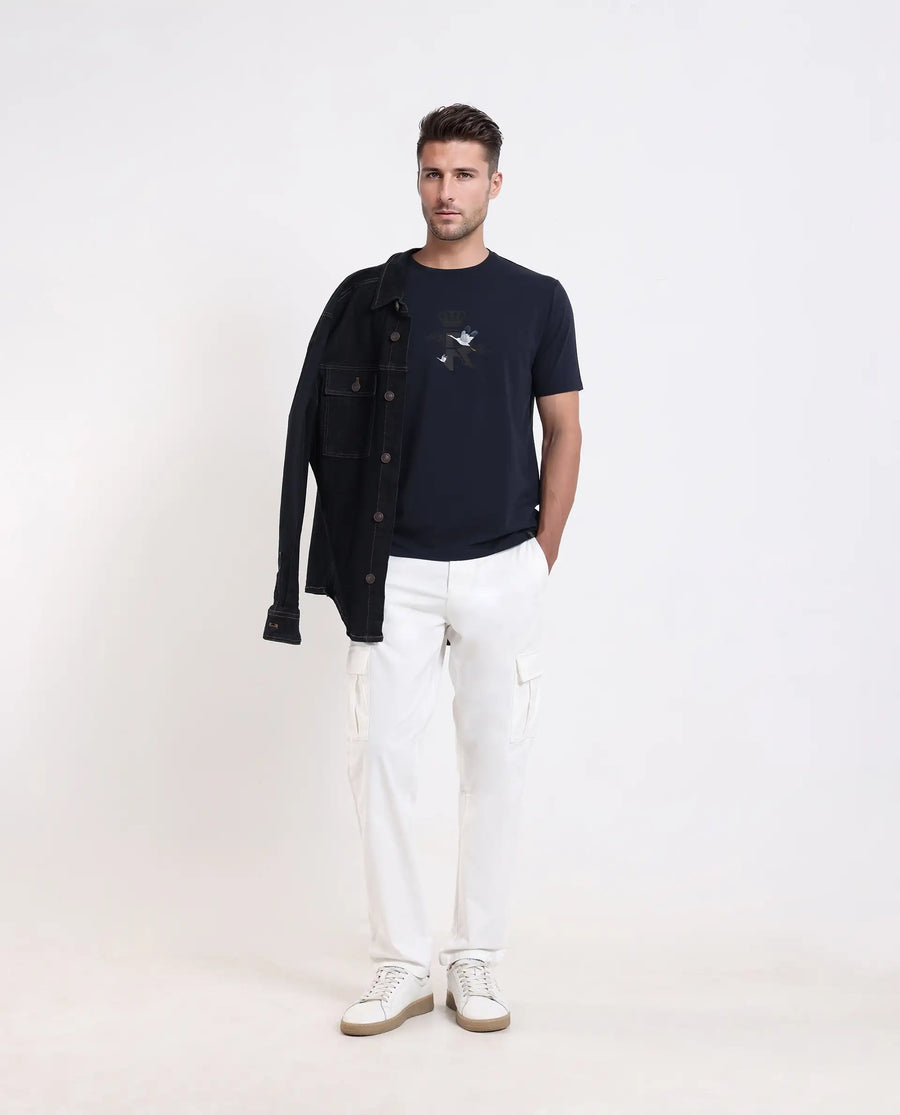Rare Rabbit Men's Fliter Dark Blue Cotton Blend Fabric Short Sleeve Crew Neck Graphic Print T-Shirt