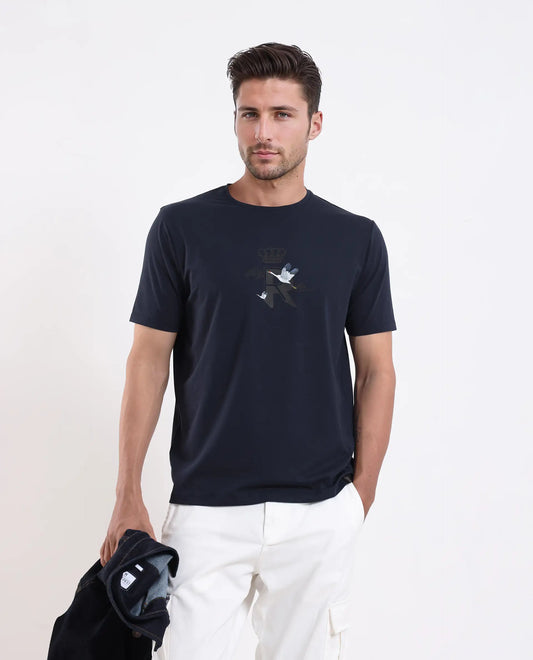Rare Rabbit Men's Fliter Dark Blue Cotton Blend Fabric Short Sleeve Crew Neck Graphic Print T-Shirt