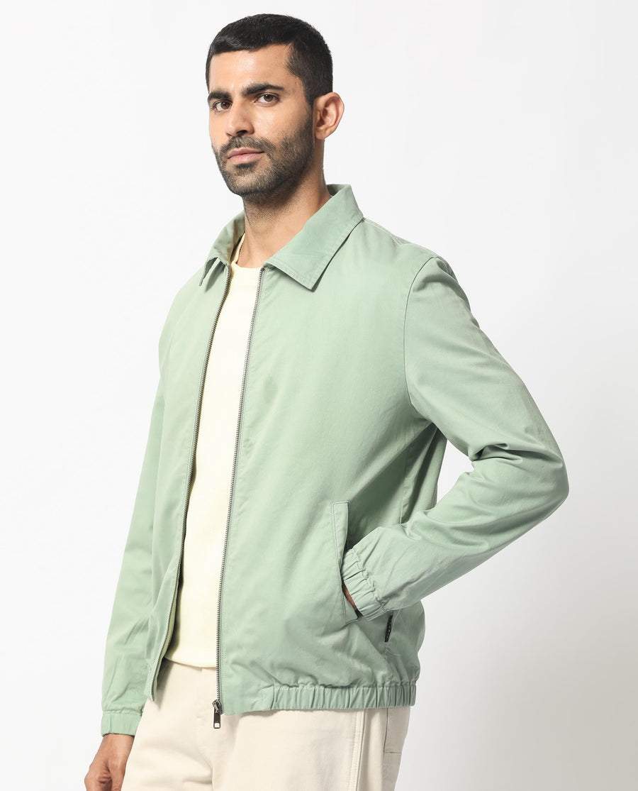 Rare Rabbit Men's Flinsten Dusky Green Cotton Plain Regular Fit Full Sleeve Spread Collar Jacket