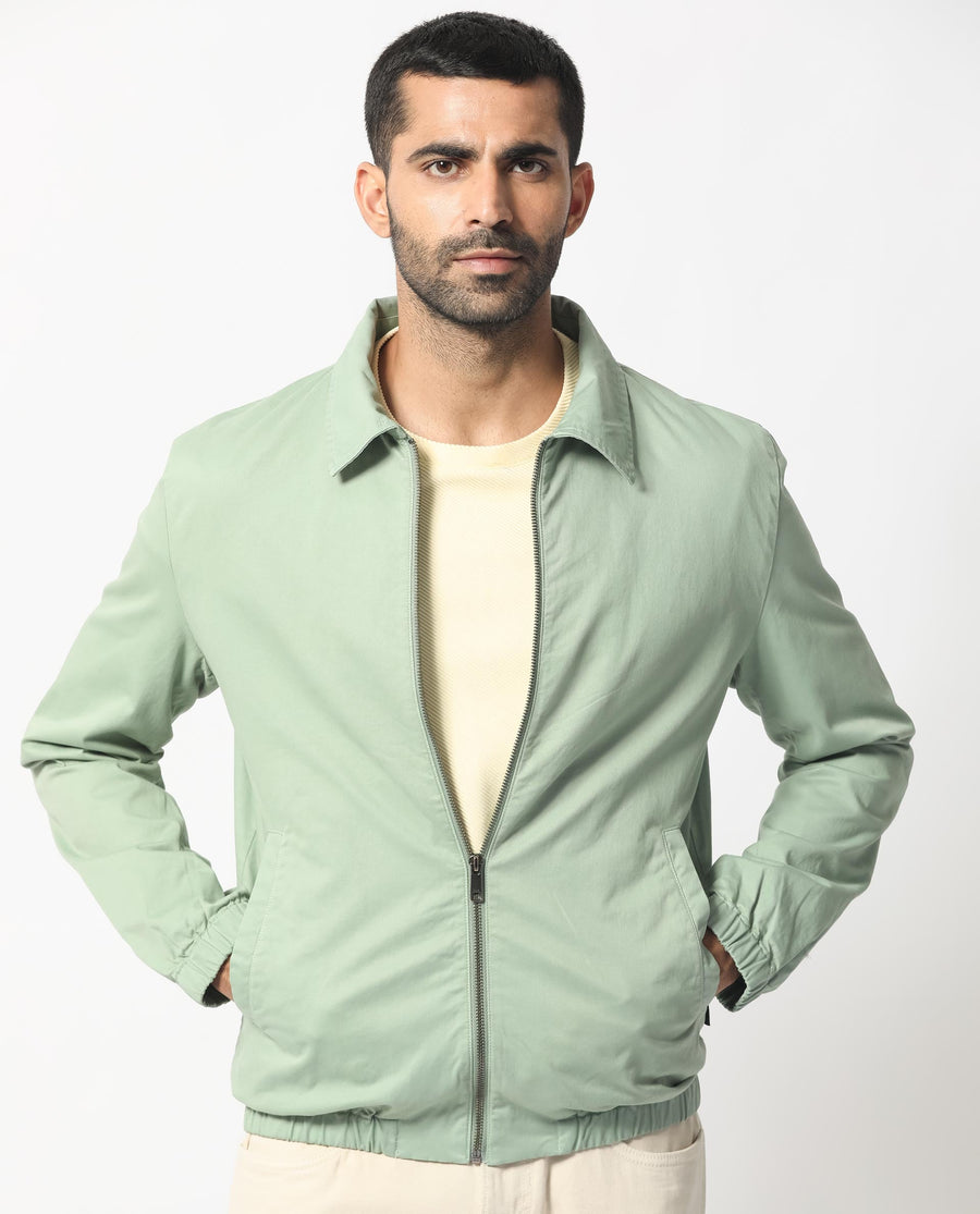 Rare Rabbit Men's Flinsten Dusky Green Cotton Plain Regular Fit Full Sleeve Spread Collar Jacket