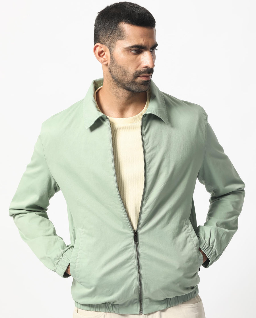 Rare Rabbit Men's Flinsten Dusky Green Cotton Plain Regular Fit Full Sleeve Spread Collar Jacket