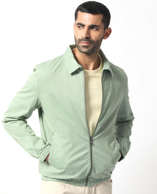 Rare Rabbit Men's Flinsten Dusky Green Cotton Plain Regular Fit Full Sleeve Spread Collar Jacket
