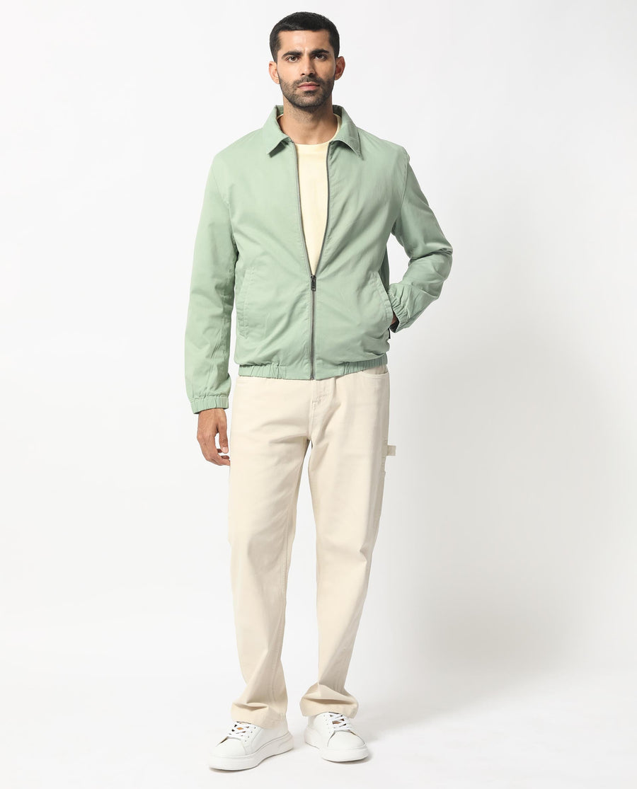 Rare Rabbit Men's Flinsten Dusky Green Cotton Plain Regular Fit Full Sleeve Spread Collar Jacket