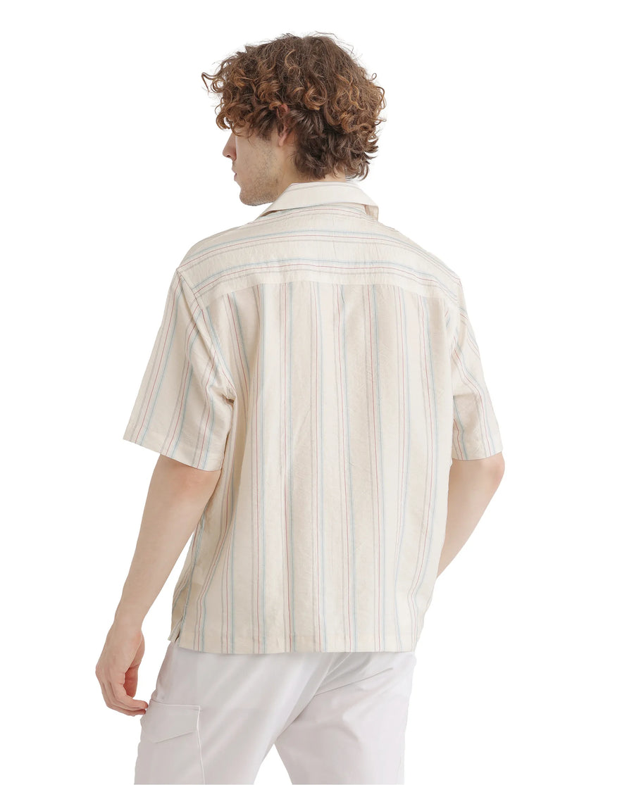 Rare Rabbit Men's Flitzom Offwhite Cotton Striped Print Boxy Fit Half Sleeve Cuban Collar Shirt