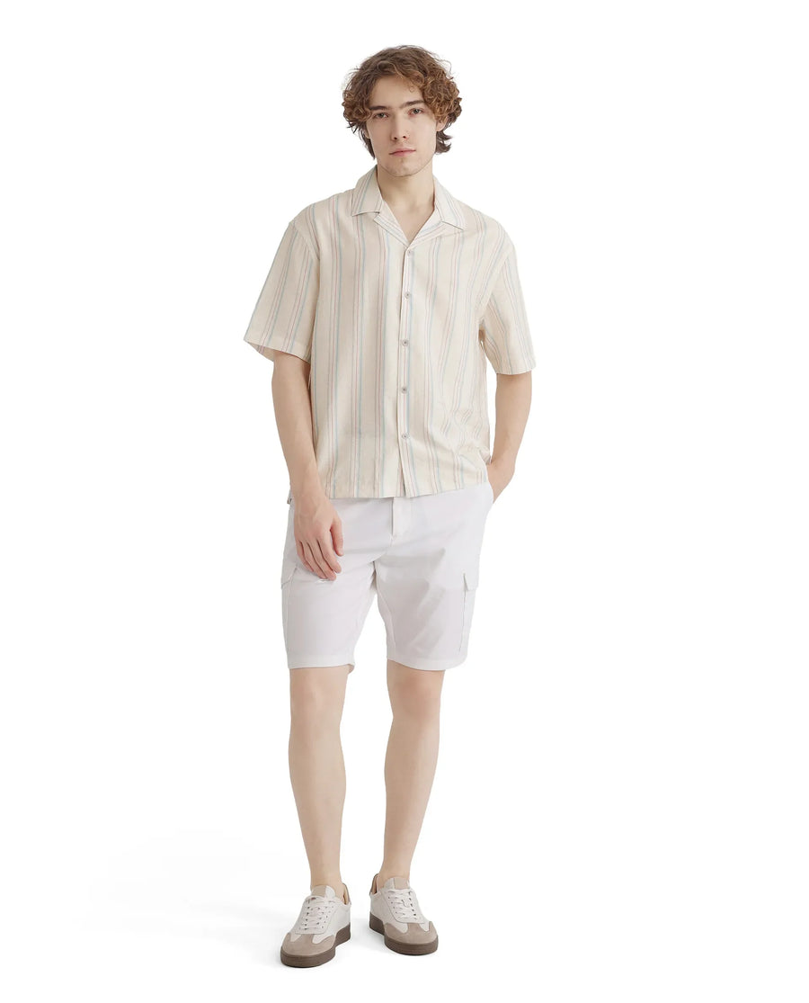 Rare Rabbit Men's Flitzom Offwhite Cotton Striped Print Boxy Fit Half Sleeve Cuban Collar Shirt
