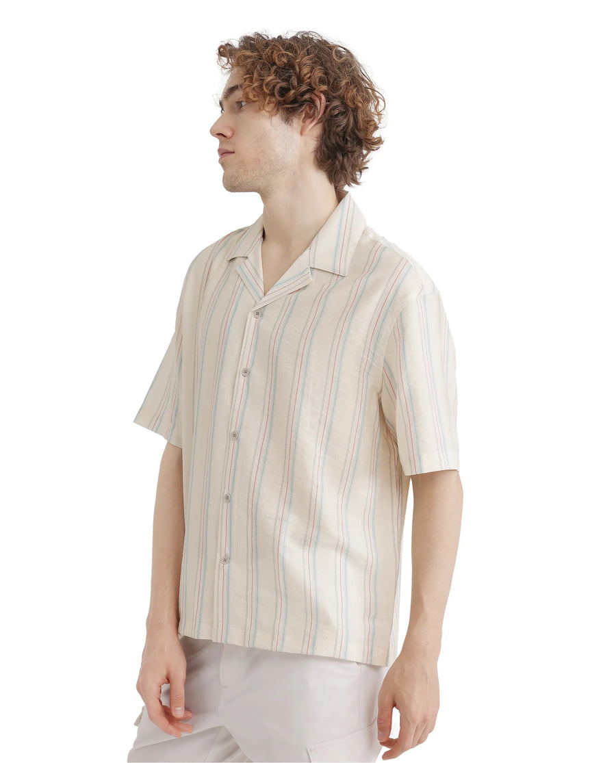 Rare Rabbit Men's Flitzom Offwhite Cotton Striped Print Boxy Fit Half Sleeve Cuban Collar Shirt