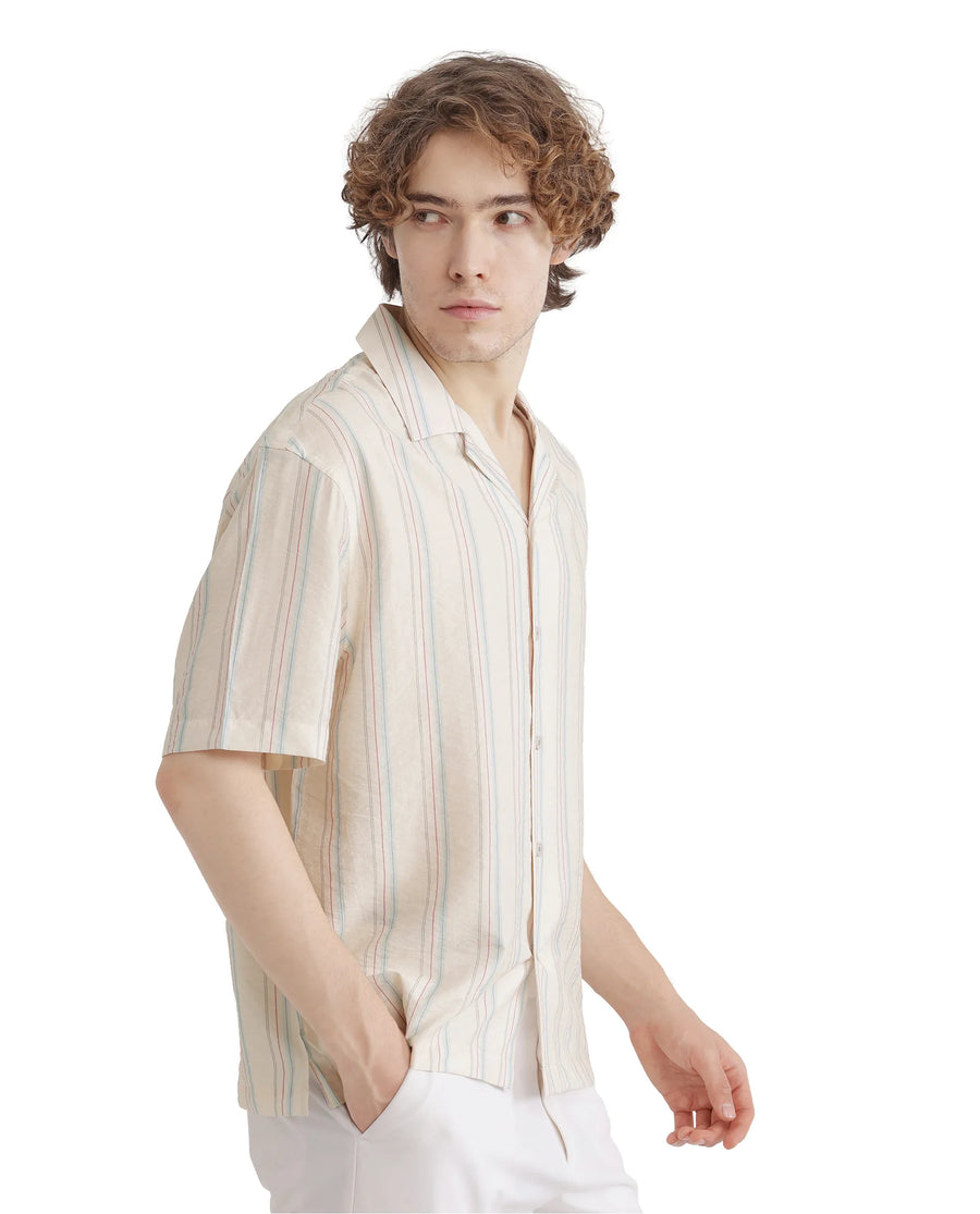Rare Rabbit Men's Flitzom Offwhite Cotton Striped Print Boxy Fit Half Sleeve Cuban Collar Shirt