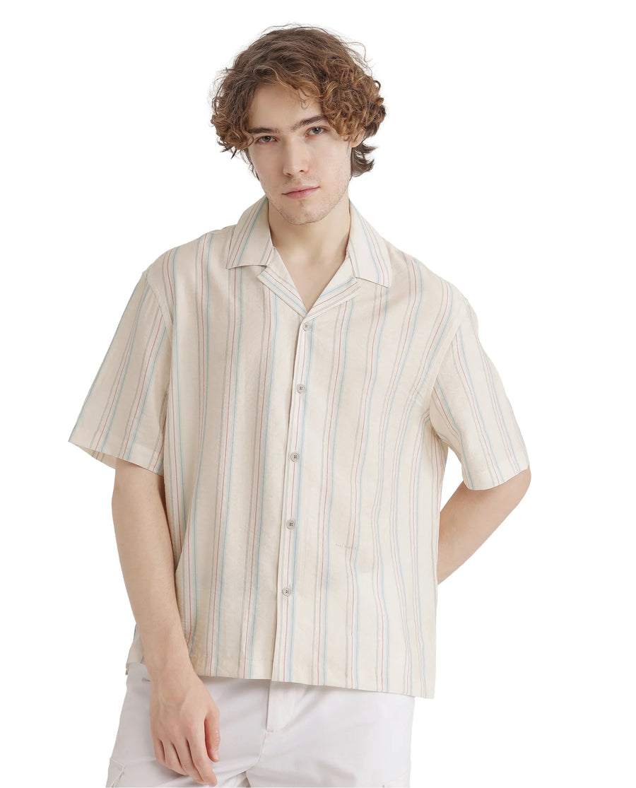Rare Rabbit Men's Flitzom Offwhite Cotton Striped Print Boxy Fit Half Sleeve Cuban Collar Shirt
