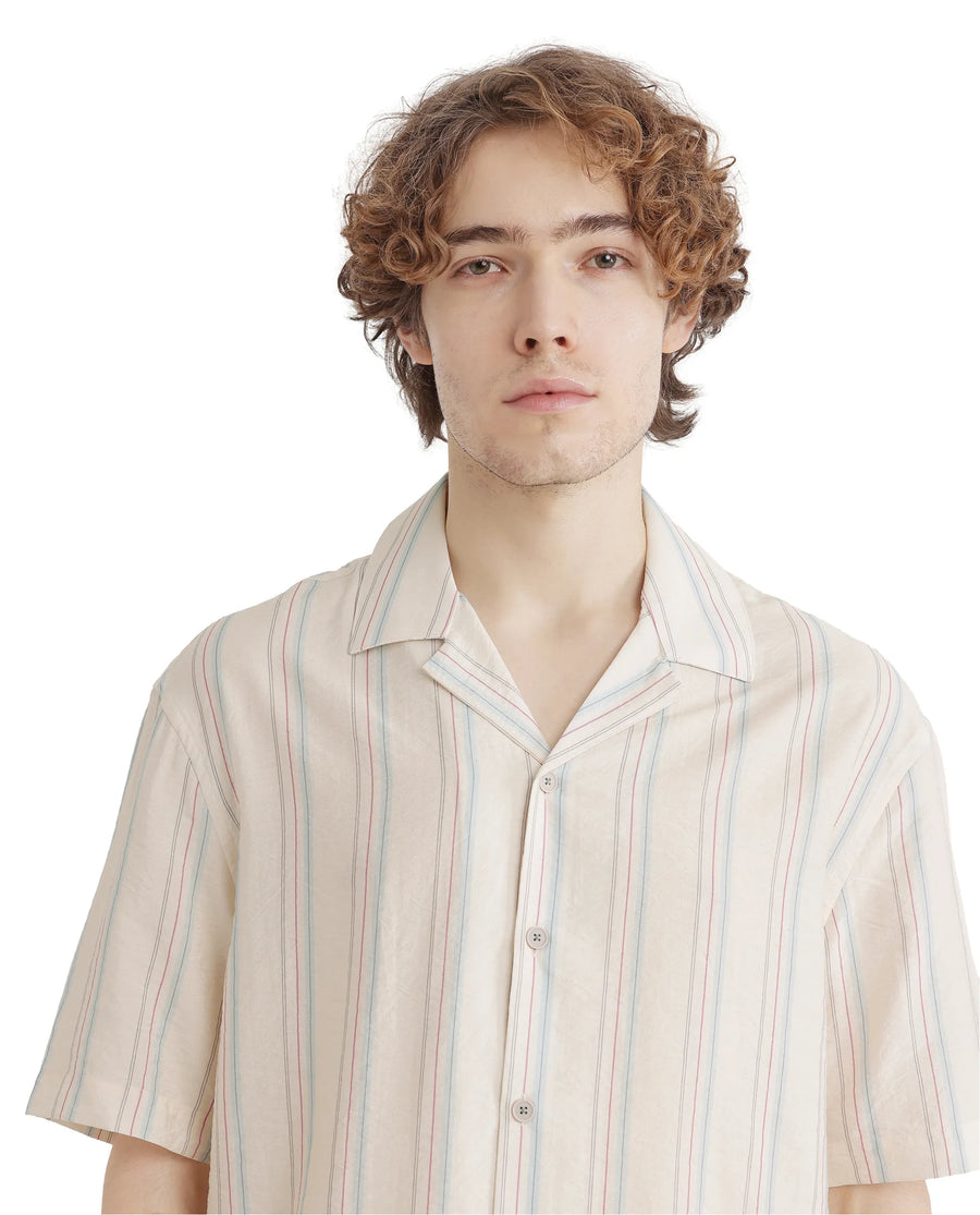 Rare Rabbit Men's Flitzom Offwhite Cotton Striped Print Boxy Fit Half Sleeve Cuban Collar Shirt