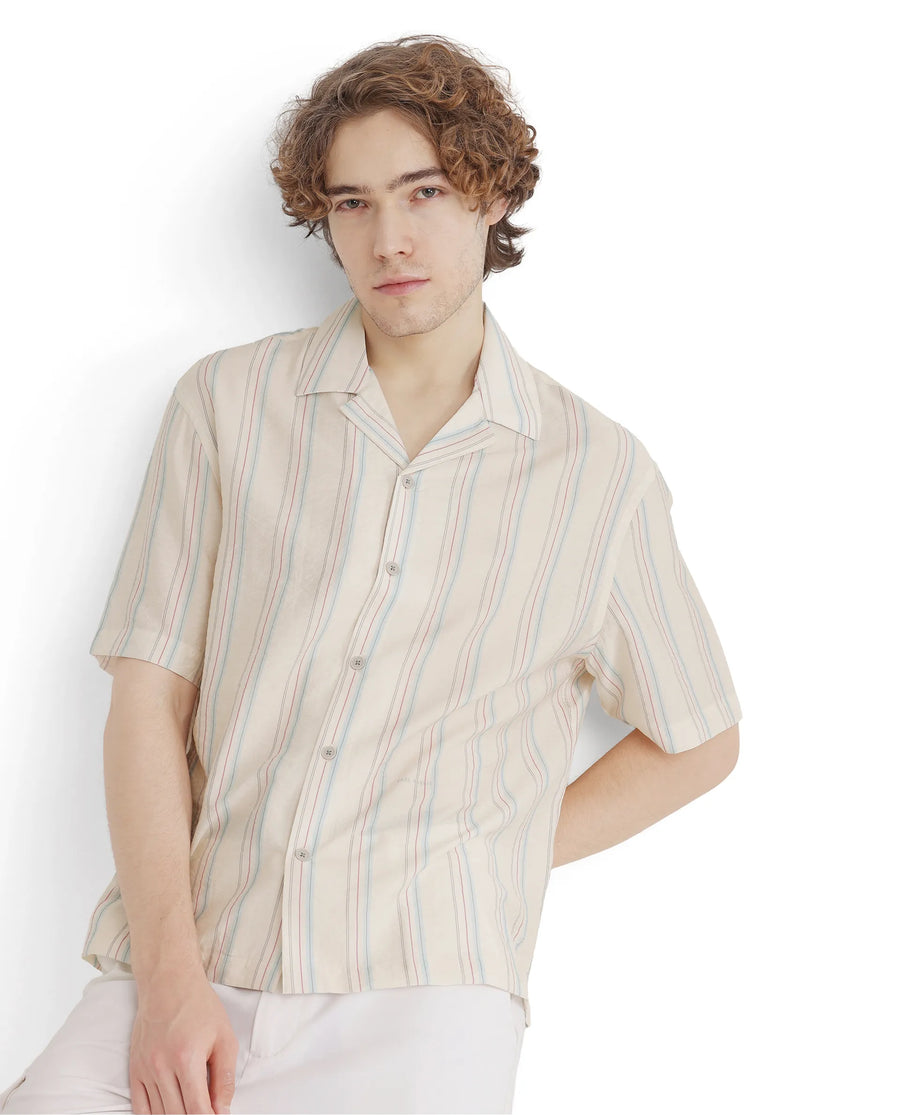 Rare Rabbit Men's Flitzom Offwhite Cotton Striped Print Boxy Fit Half Sleeve Cuban Collar Shirt