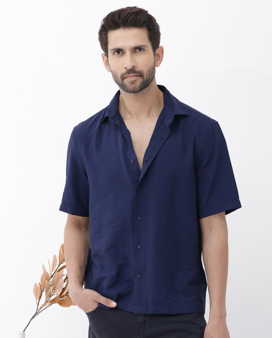 Rare Rabbit Men's Flo-11 Navy Viscose Blend Plain Boxy Fit Half Sleeve Collared Shirt