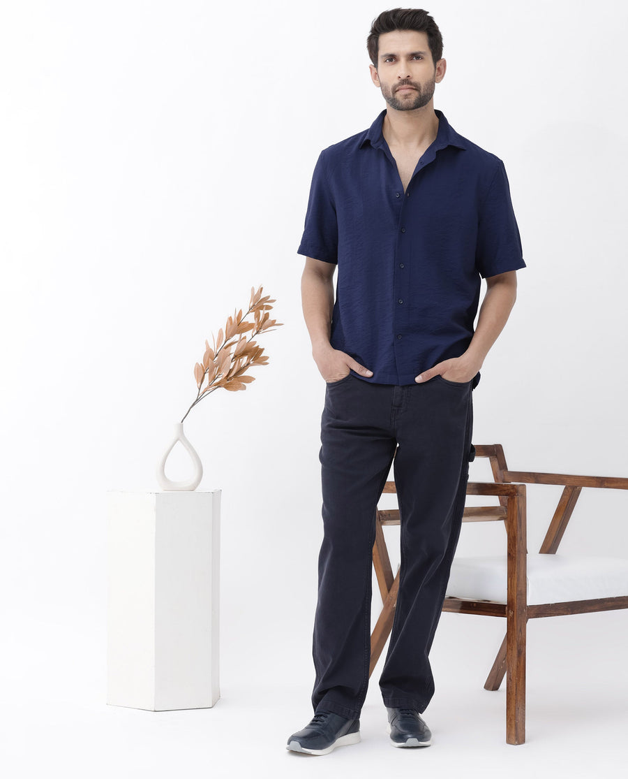 Rare Rabbit Men's Flo-11 Navy Viscose Blend Plain Boxy Fit Half Sleeve Collared Shirt