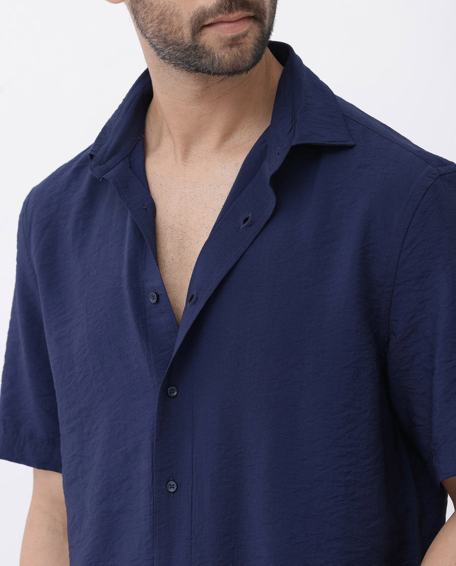 Rare Rabbit Men's Flo-11 Navy Viscose Blend Plain Boxy Fit Half Sleeve Collared Shirt