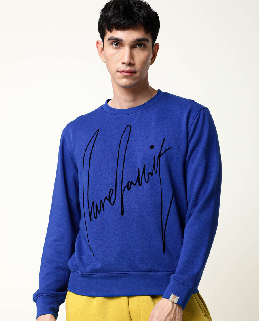 Rare Rabbit Men's Flocker Blue Cotton Graphic Print Regular Fit Full Sleeve Crew Neck Sweatshirt