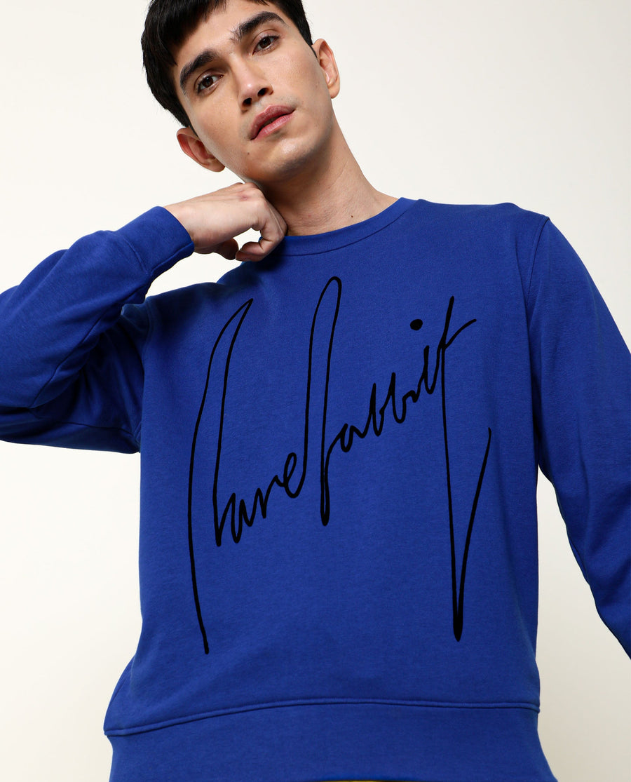 Rare Rabbit Men's Flocker Blue Cotton Graphic Print Regular Fit Full Sleeve Crew Neck Sweatshirt
