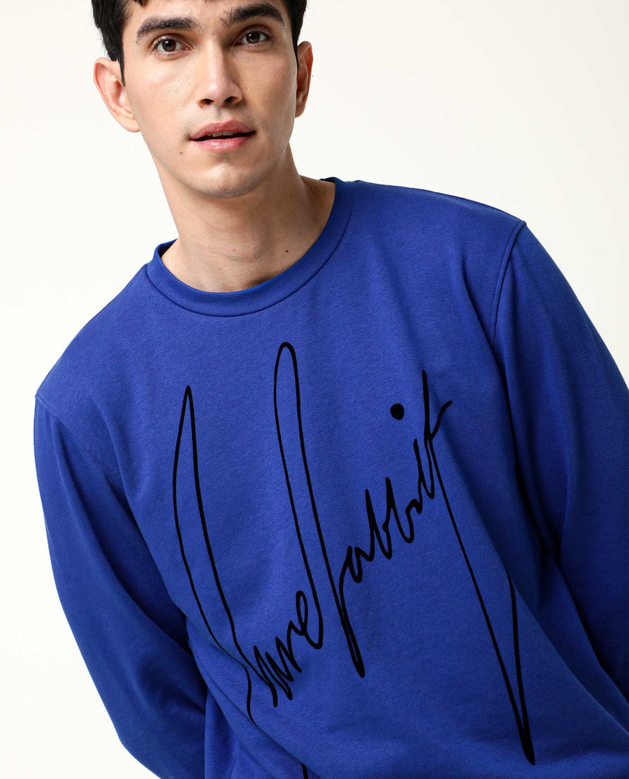 Rare Rabbit Men's Flocker Blue Cotton Graphic Print Regular Fit Full Sleeve Crew Neck Sweatshirt